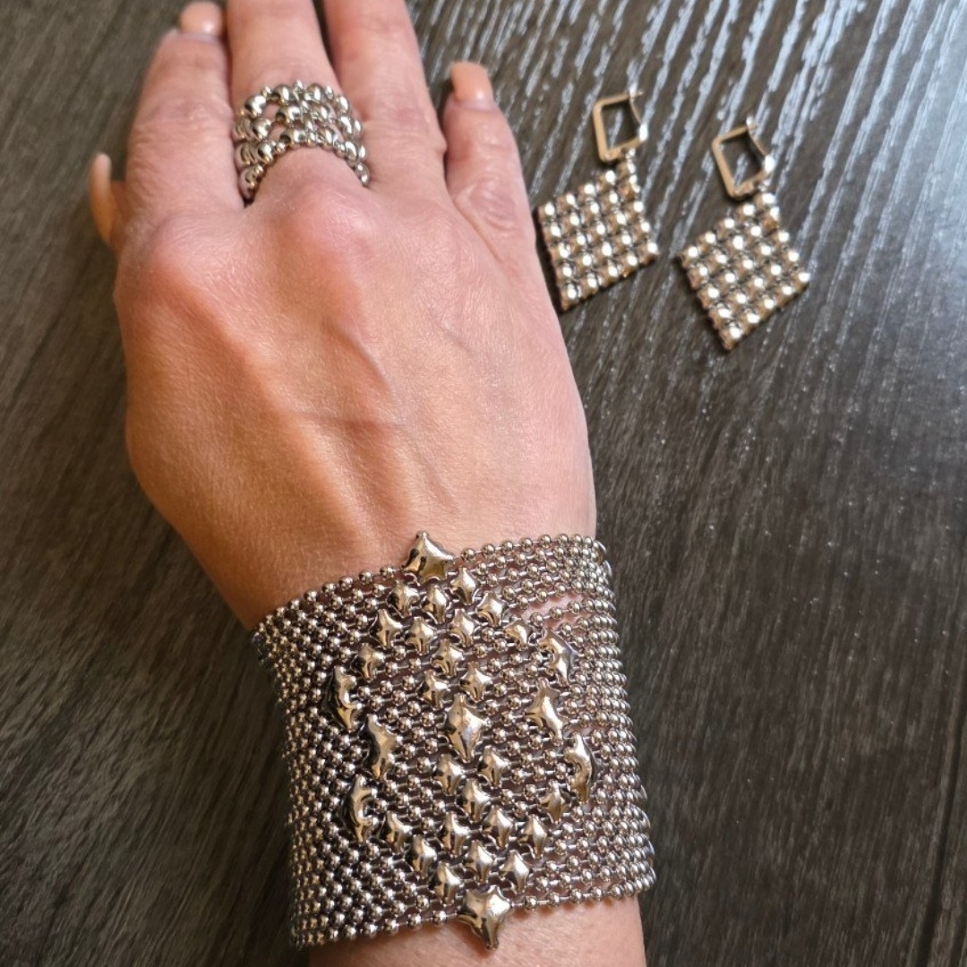Sergio Gutierrez Liquid Metal Silver Mesh Bracelet, Ring, Earring Set